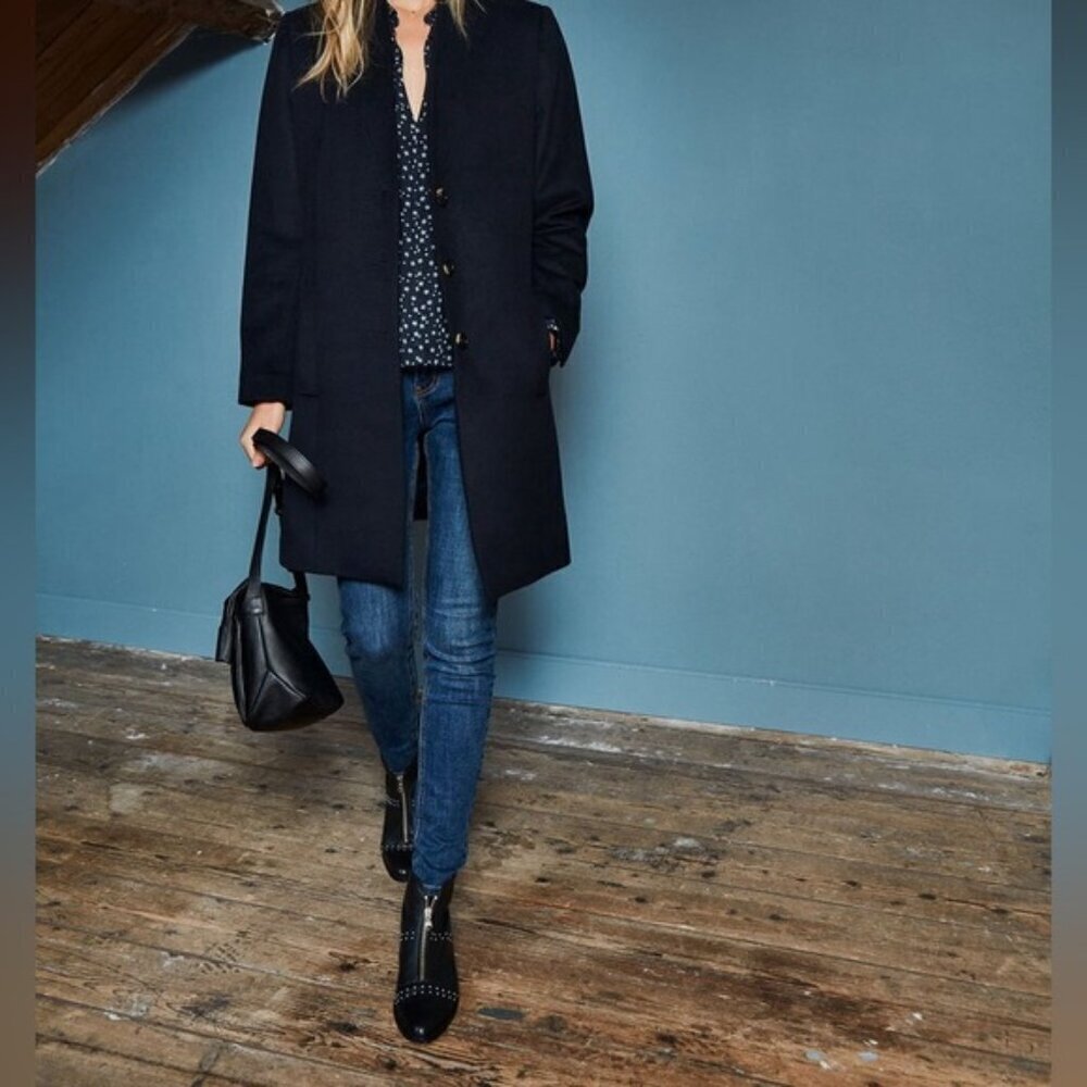 Hush Anders Revere Wool Blend Midi Trench Jacket Coat Navy Blue Sz M
